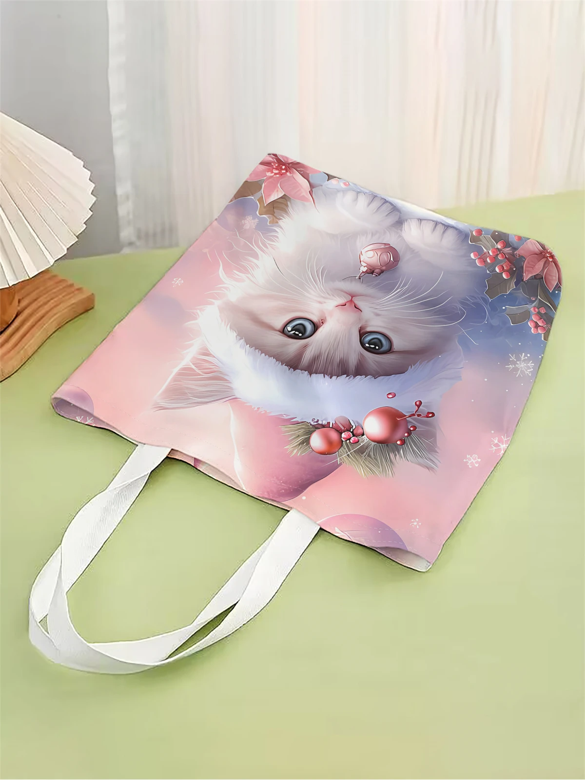 1pc,Christmas cat handbag, reusable fashionable handbag, multifunctional handbag, printed canvas shopping bag