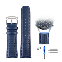 Genuine Leather Watchband - 22mm/23mm Curved End Strap in Navy Blue - 23mm (Blue  silver)