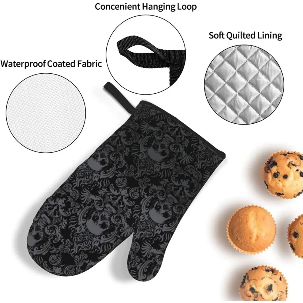 Oven Mitts and Pot Holders Sets Gothic Skull Flower 4 High Heat Resistant with Gloves and Hot Pads