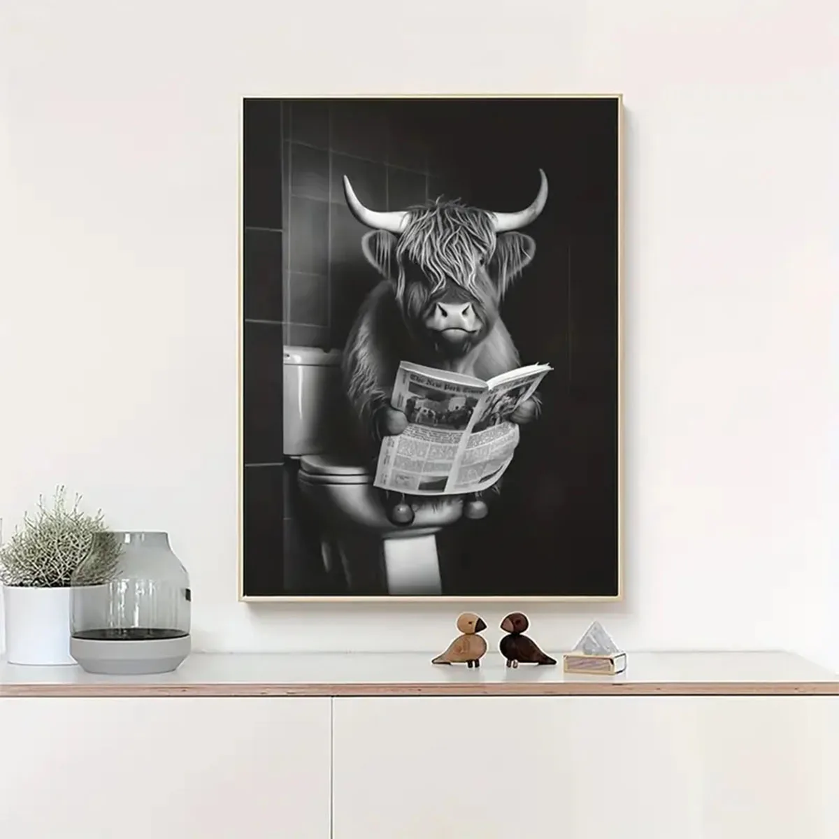 

1pcs Canvas Painting Interesting Retro Cow Sitting on Toilet Reading Newspaper in Bathtub Home Decorations for Living Room Arte