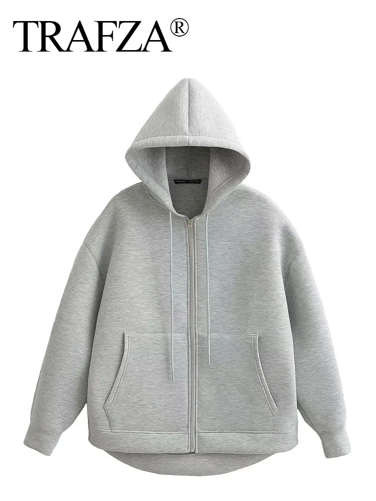 TRAFZA Winter New Women's Zipper Hoodie Coat High Street Double Pockets Jakcet Oversize Loose Sweatshirts Outerwear Top