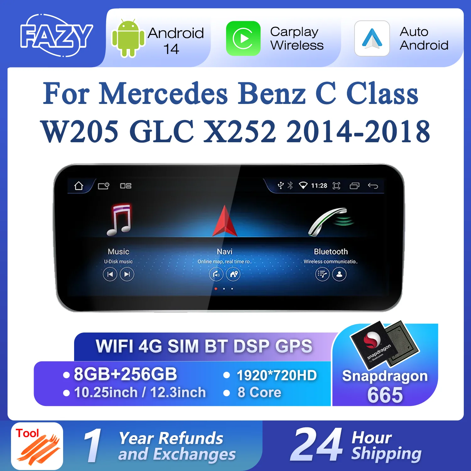 

Android 14 Wireless CarPlay For Mercedes Benz C Class W205 2014-2018 Car Screen Multimedia Navigation GPS SWC DSP 4G WiFi