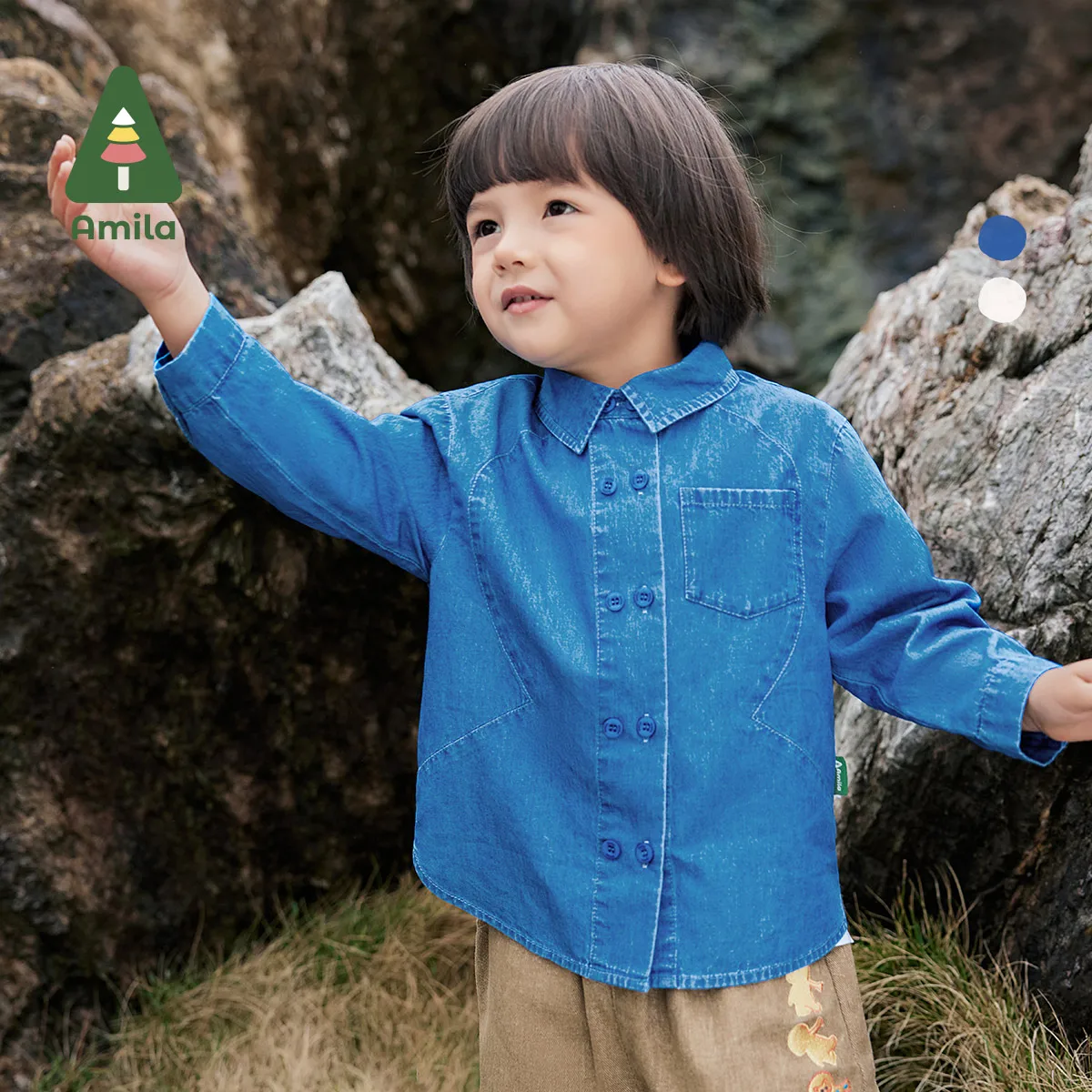 Baby Denim Shirt Autumn Boys Cotton Lapel Soft Solid Color Loose Casual Long Sleeve Children's Tops