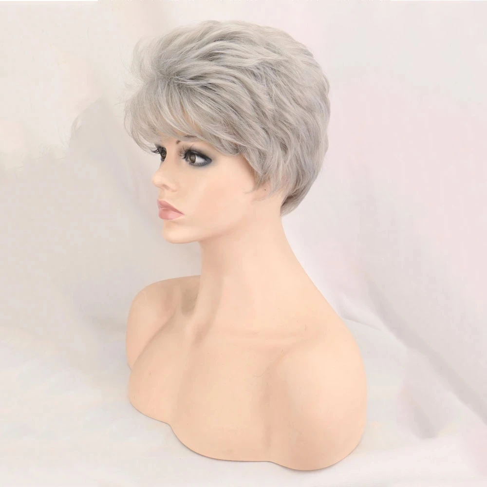 WHIMSICAL W Synthetic Fluffy Wavy Short Wigs for white women sliver gray Hair Multilayered Medium Elastic Breathable Wig Cap