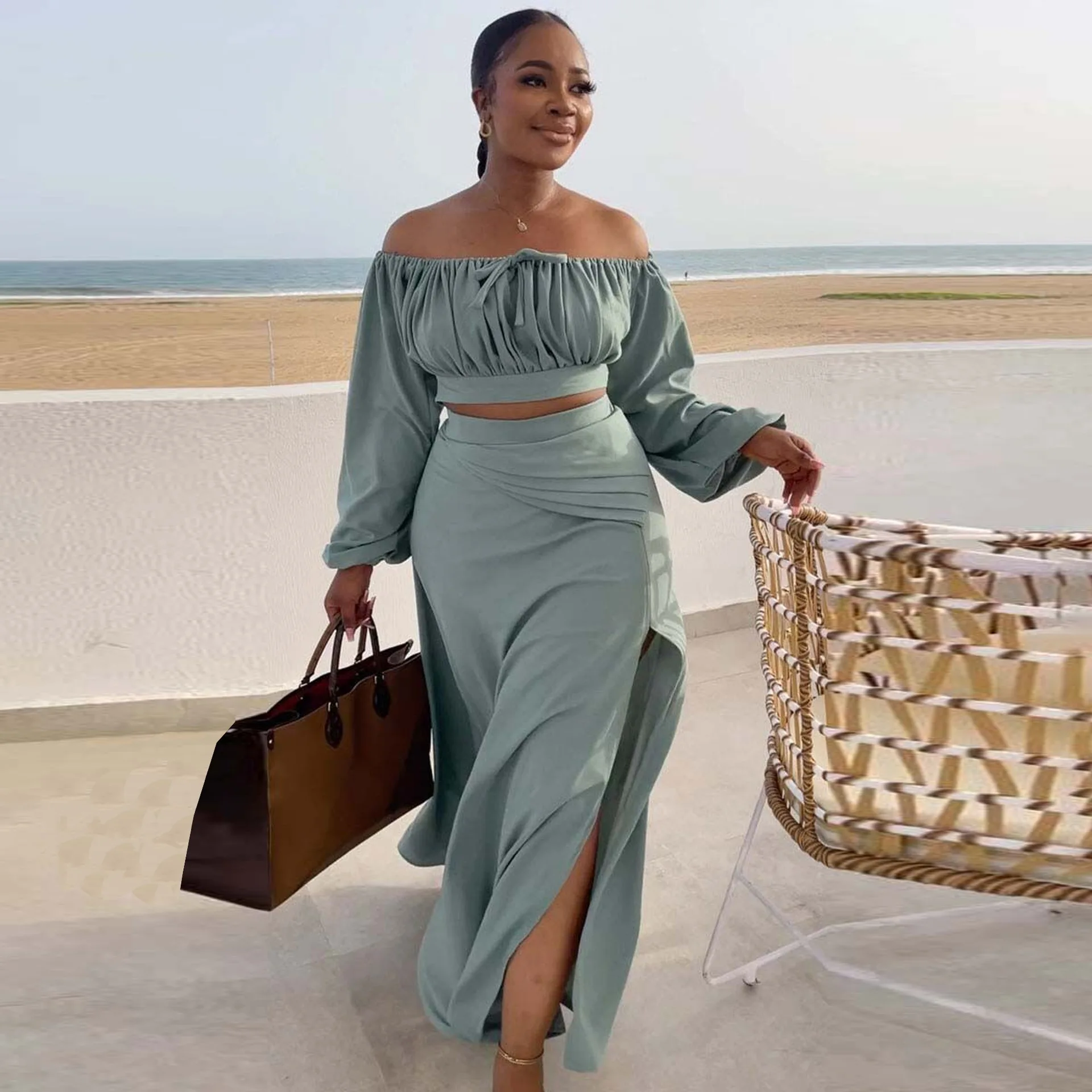 

Elegant Solid Color Long Sleeve Off Shoulder Crop Tops+Split Long Skirt 2023 Office Formal Two Peice Set for Women Matching Sets