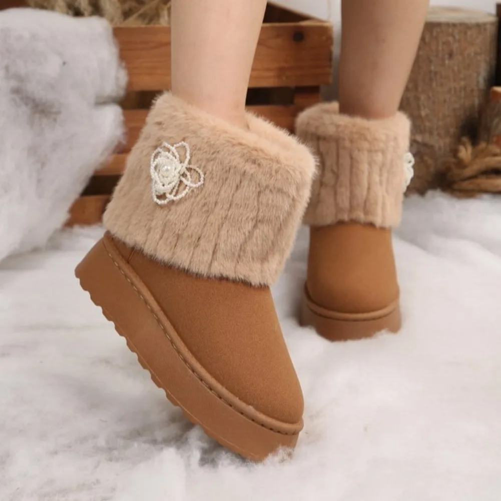 Shoes for Women Winter Slip on Women's Boots Black Round Toe Solid Flock Plush Warm Mid Heel Water Proof Casual Snow Boots Women