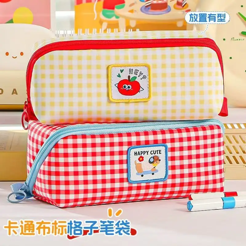Nuovo astuccio portapenne a quadretti Kawaii, grande capacità, per studenti, da scrivania, per riporre articoli di cancelleria, a più strati, regalo per bambini