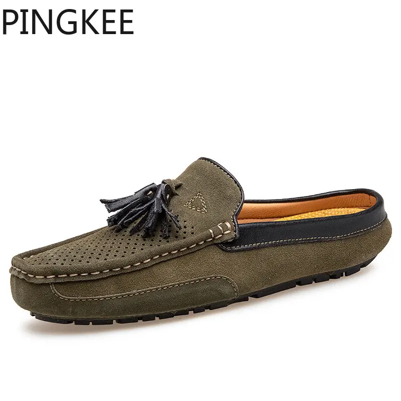 

PINGKEE Chic Featured Rolled Tassels Mule Perforated Leather Upper Moccasin Stitching Throughout Men Boat Driving Loafer Shoes