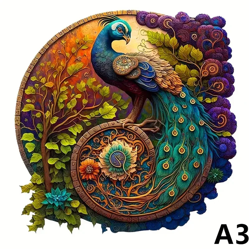 Adult Wooden Animal Puzzle - Round Peacock & Bird Design - Children's Festival Gift Jigsaw Toy