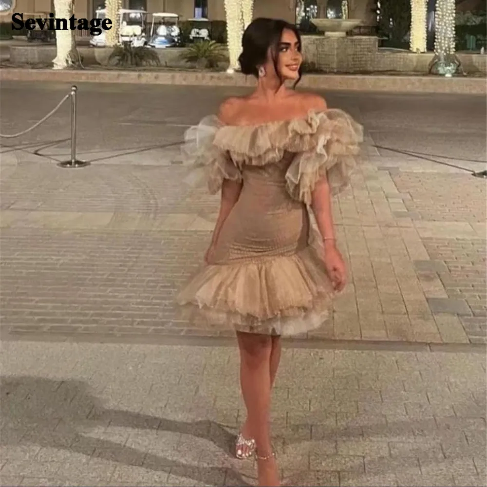 

Sevintage Modern Saudi Arabia Prom Dresses Strapless With Ruffles Sheath Party Gowns Pleat Ruched Above Knee فساتين السهرة 2024