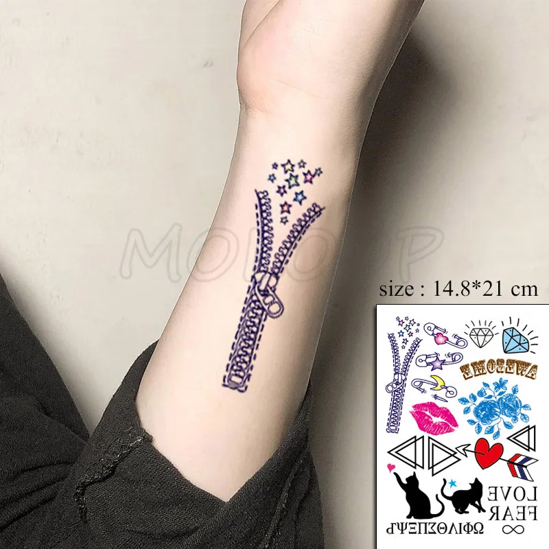 Zipper Diamond Lip Print Letter Tattoos Stickers Women Body Waist Arm