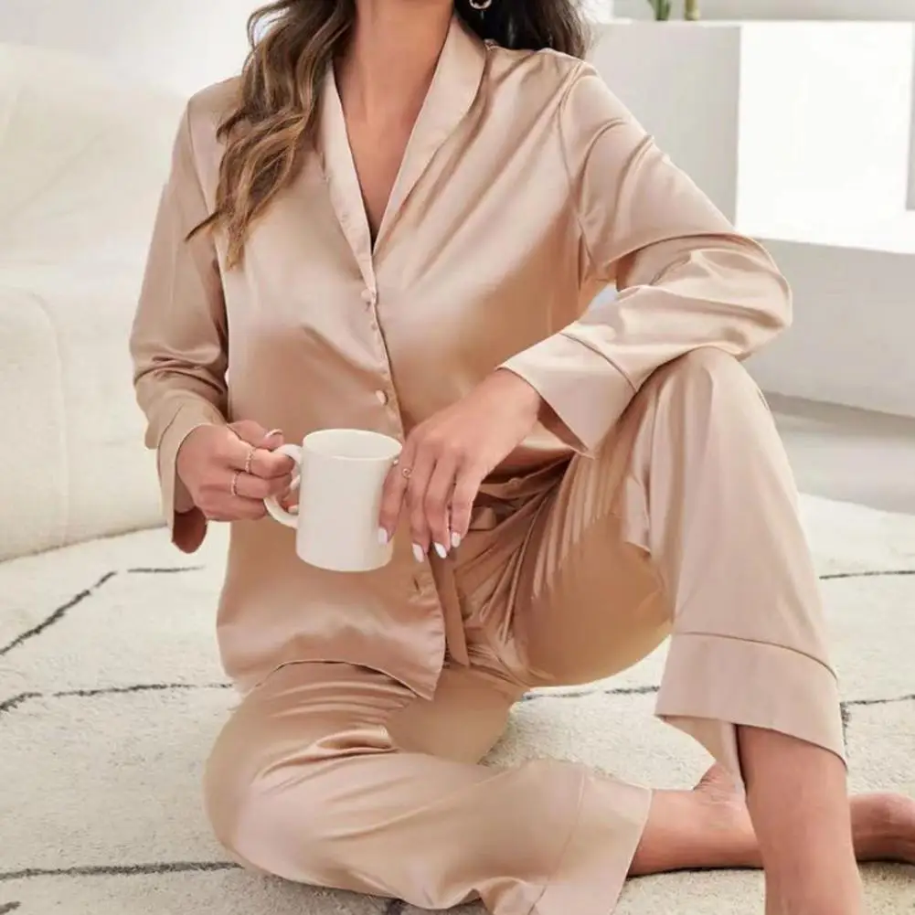 

Women Loungewear Set Elegant Women's Spring Pajama Set with Silky V Neck Wide Leg Pants Comfortable for Summer for Relaxing