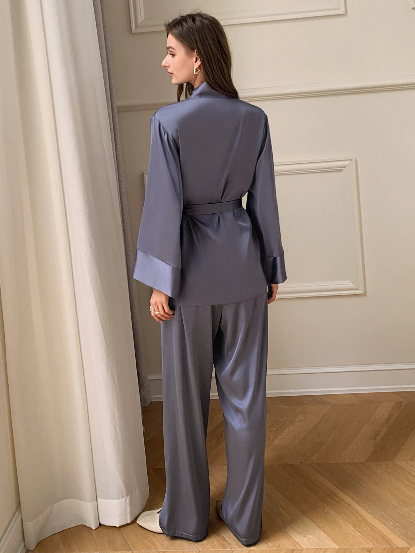 Women's solid satin pajama set long sleeve ruffled neck belted top with pants comfortable summer pajama set