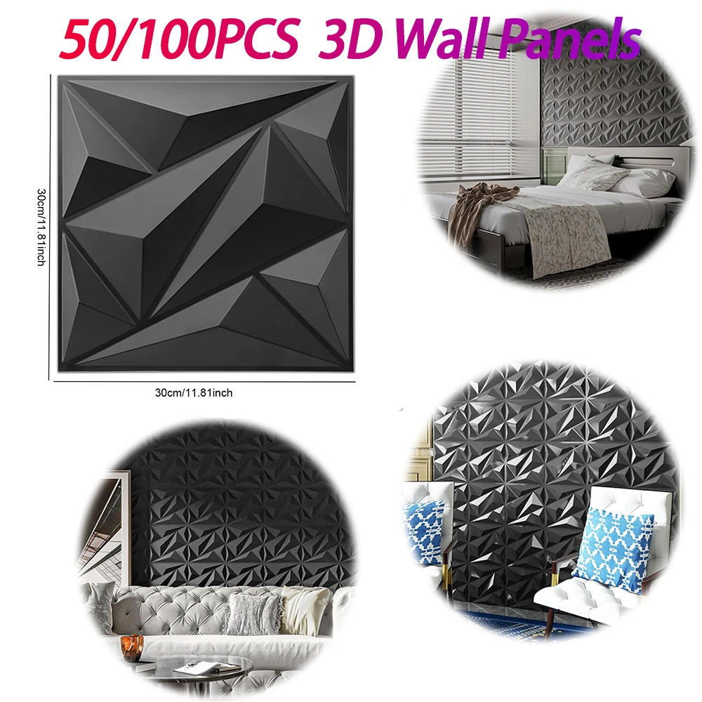 50/100PCS 3D Wall Panel Diamond 30x30cm PVC Accent Textured Wall Panels Black Wall Covering Panels for Interior Wall Decor