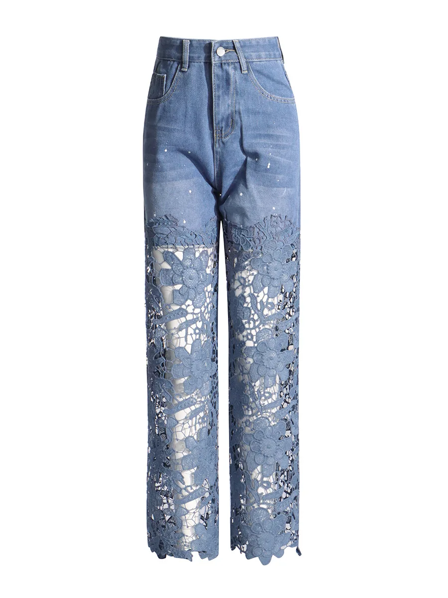 

Fashionable and versatile high waisted straight leg pants 2024 new niche patchwork lace design for commuting style jeans