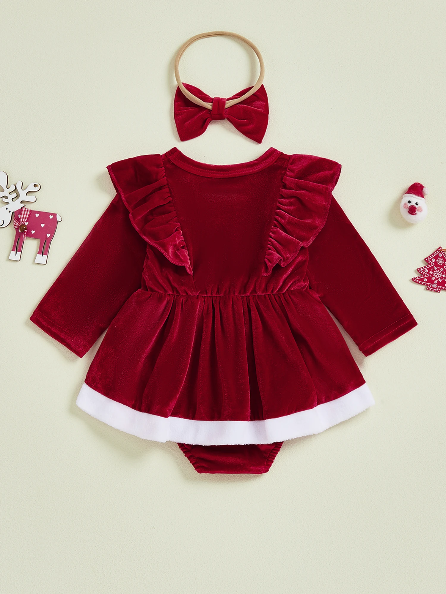 Adorable Christmas Toddler Girls Velvet Romper Dress with Ruffled Sleeves and Matching Bow Headband - Festive 2 Piece Set for