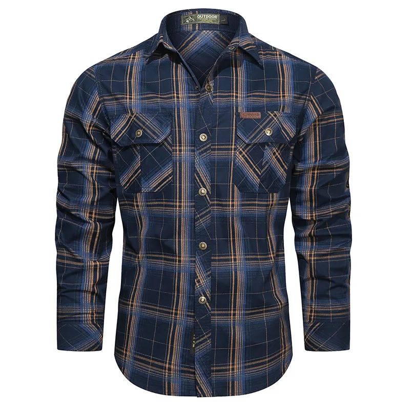 Mens long sleeve shirts Men's Autumn Plaid Striped Long-sleeved Shirts Casual Button Down Quick Dry Cargo Outdoor Hiking Safari Work Shirts