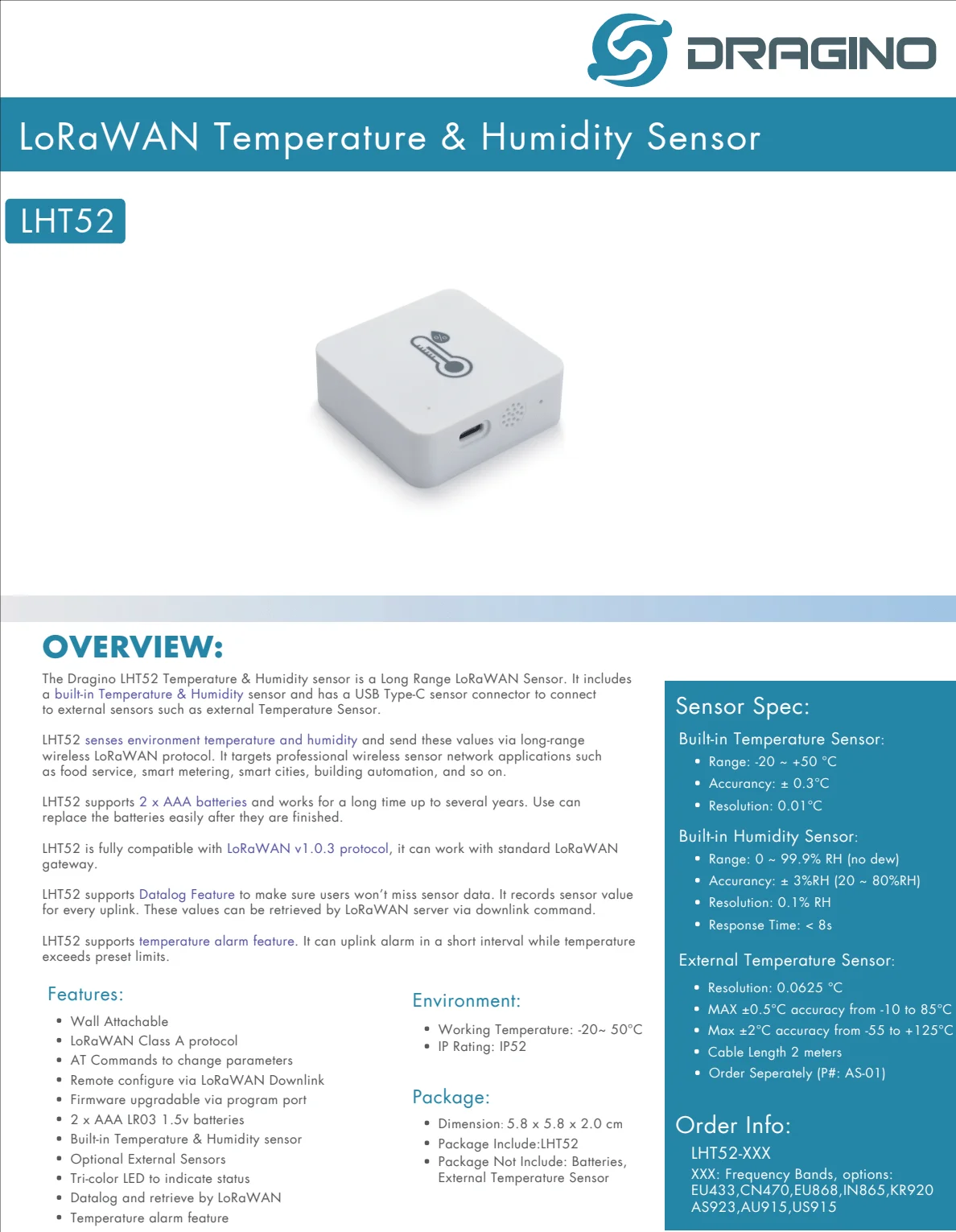 Description Picture 2 of itemDragino LHT52 indoor LoRaWAN Temperature & Humidity Sensor Support temperature alarm,Datalog feature,Free Shipping,Dragino Senso