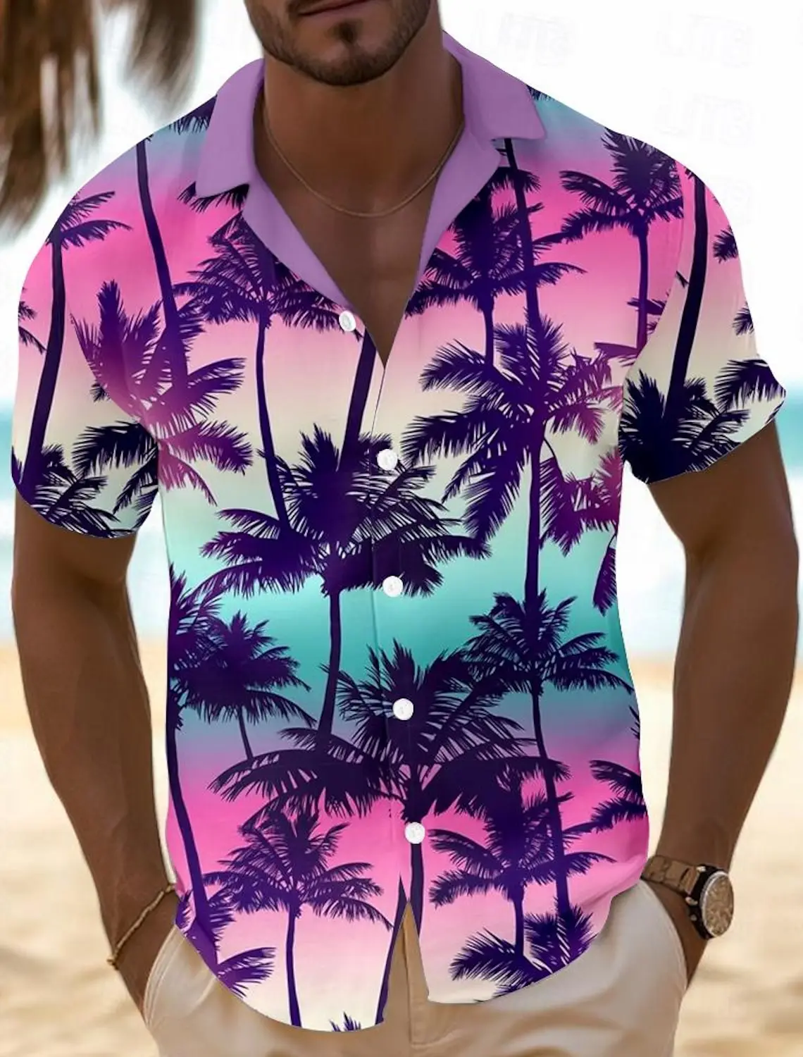 thumbnail image 1 of Camisa de hombre con estampado tropical de piña, camisa hawaiana de verano, informal, para vacaciones, verano, primavera, camisa de manga corta con cuello vuelto, tela elástica, 1 of 5