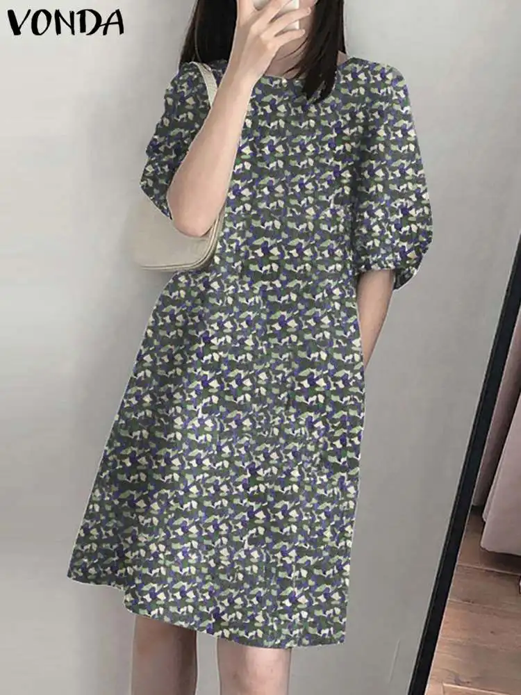 

Bohemian Summer Mini Dress VONDA 2023 Fashion Women Floral Printed Round Neck Holiday Sundress Casual Short Sleeve Beach Robe