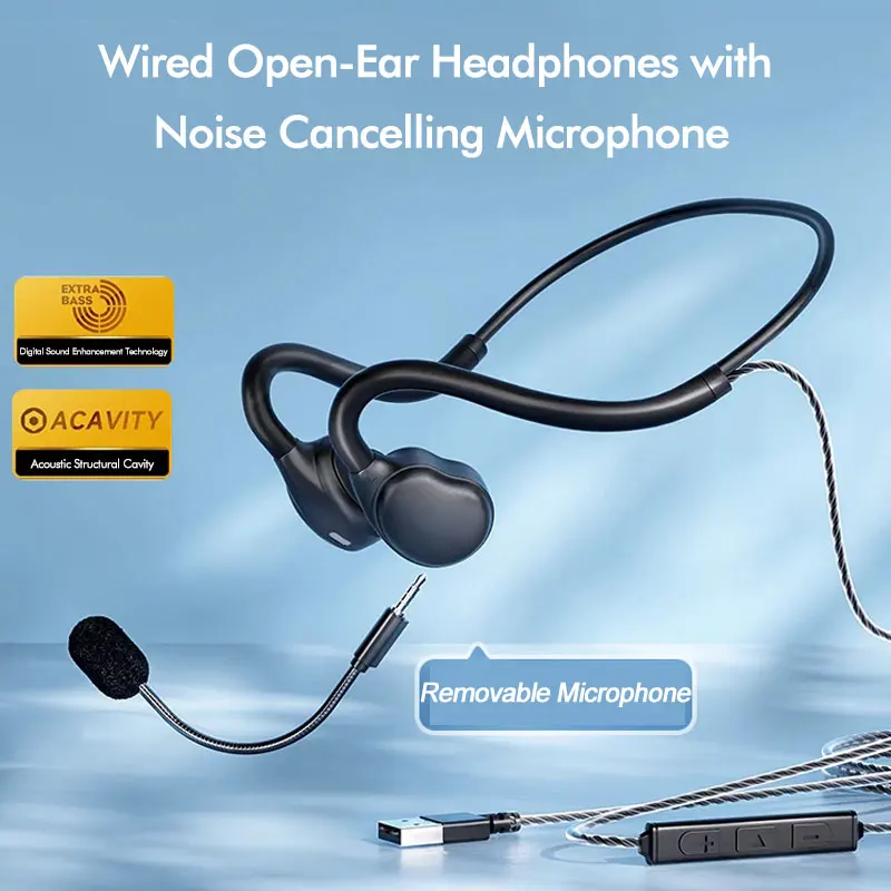 Open Ear Headphones with Mic Air Conduction Gaming Headset Boom Microphone Noise Canceling for Computer Laptop PC Skype
