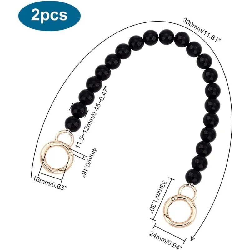 2pcs 11.8" Imitation Pearl Bead Purse Chains, 12mm Black Pearl Bag Chain Replacement with Golden Clasps Short Bag Chains