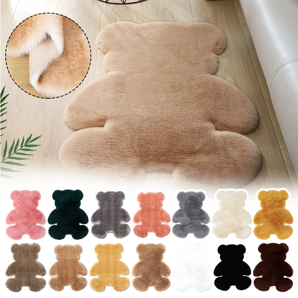 Bear-Shaped Faux Rabbit Wool Artificial Soft Carpet Bedroom Living Room Rug Pads Anti-Slip Absorbent Floor Mat