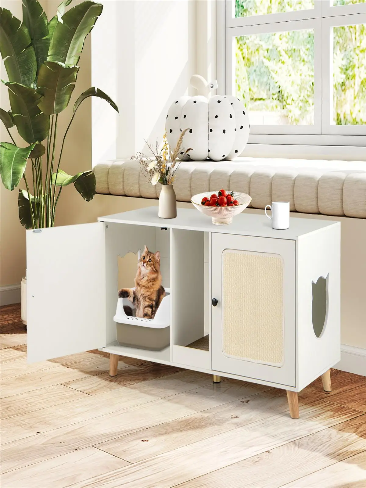 Katzenschrank für Katzenklo, Katzenklo-Schrank mit Kratzfläche & 2 Sisal-Kratzmatten & Eingang, Katzenhaus – Detail 1