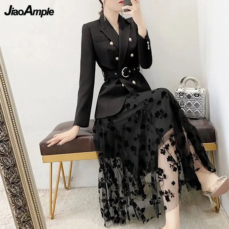 2022 Spring Autumn New Black Suit Jacket Skirt Two-piece Women's Elegant Professional Wear Korean Fashion Blazers Coat Dress Set