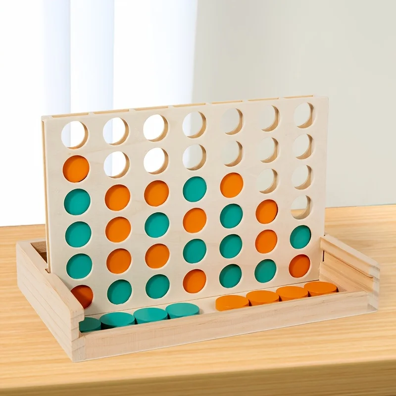 Gioco da tavolo in legno da 4 in fila - Gioco di strategia da viaggio per 2 giocatori Classico set pieghevole portatile e divertente per la famiglia - immagine 3