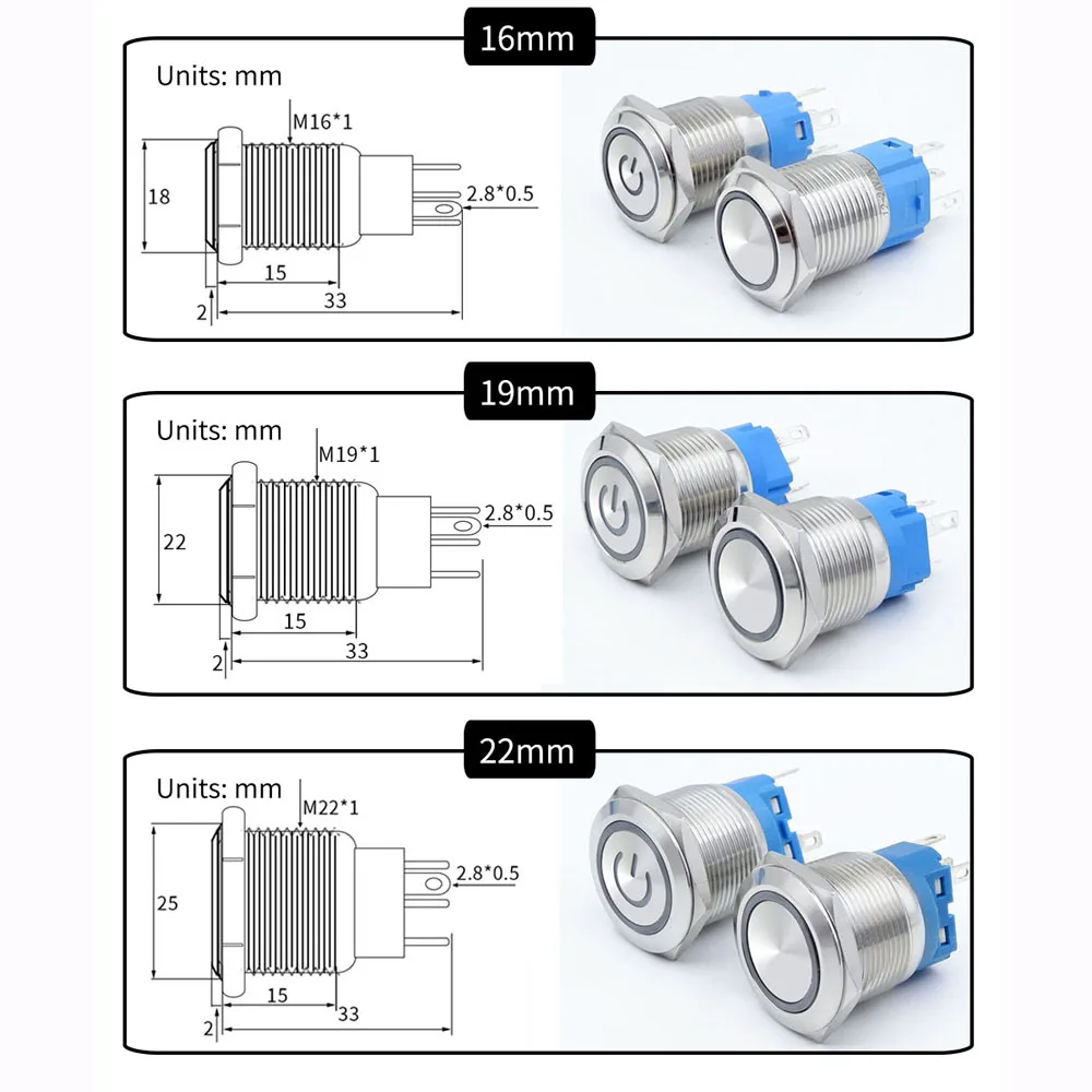 Metal Push Button Switch 12mm 16mm 19mm 22mm Flat Head 1NO1NC Start Stop LED Light Red Orange Blue Green White 3v 12v 24v 110v