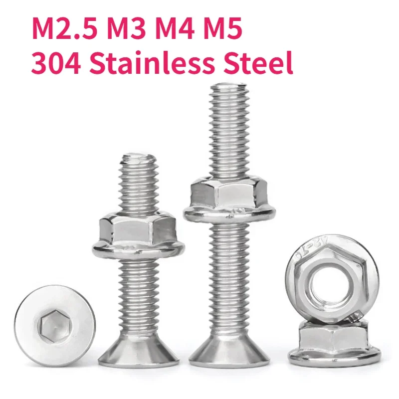 M2.5 M3 M4 M5 304 Stainless Steel Allen Hexagon Hex Socket Countersunk Flat Head Screw Flange Nuts Combination Kit Set