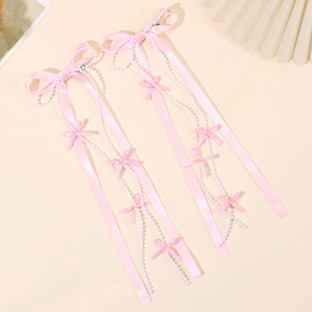 2Pcs White Satin Bow Hair Clips With Pearl Chains Elegant Long Ribbon Hairpins Sweet Romantic Hair Accessories For Girls Women