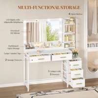 Туалетный столик с большим зеркалом, Туалетный столик с 5 ящиками, 5 открытых отделений, место для хранения перед зеркалом, белый — изображение 3