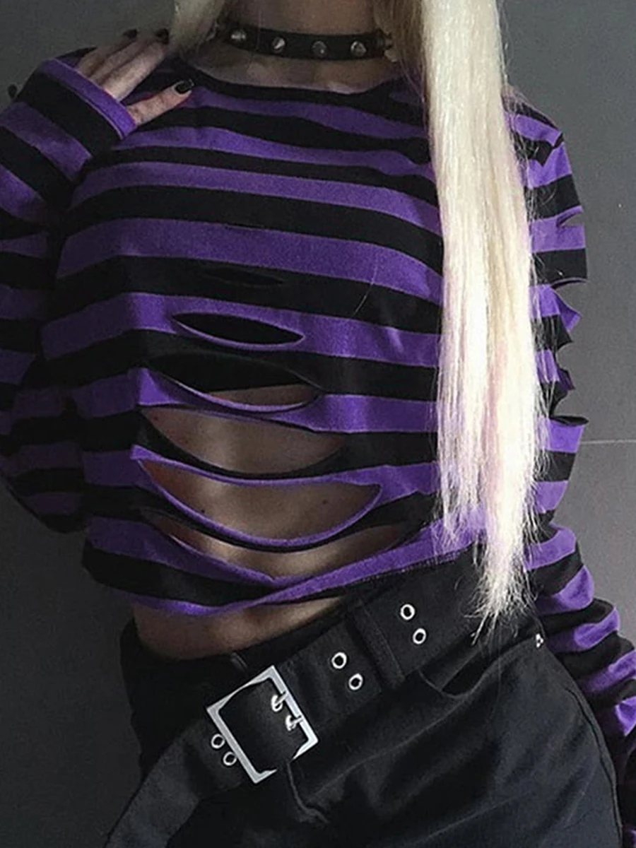 

2023 Fashion Women's Distressed Crop Tops Gothic Long Sleeve Round Neck Striped Print Loose Hollow T-Shirts Halloween Costume