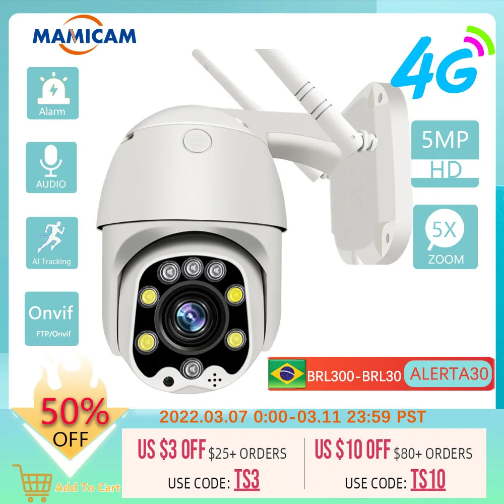 5MP Security Protection Wireless 4G SIM Card Camera Outdoor PTZ WIFI Video Surveillance Onvif IR Night Vision 30M 2.5inch Camhi