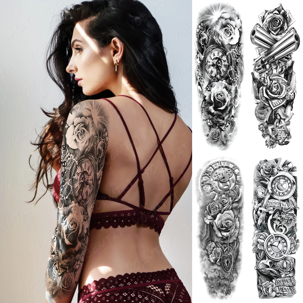 

Large Arm Sleeve Waterproof Temporary Tattoo Sticker Women Men Lightning Clock Gear Machine Gun Rose Body Art Flash Fake Tattoos