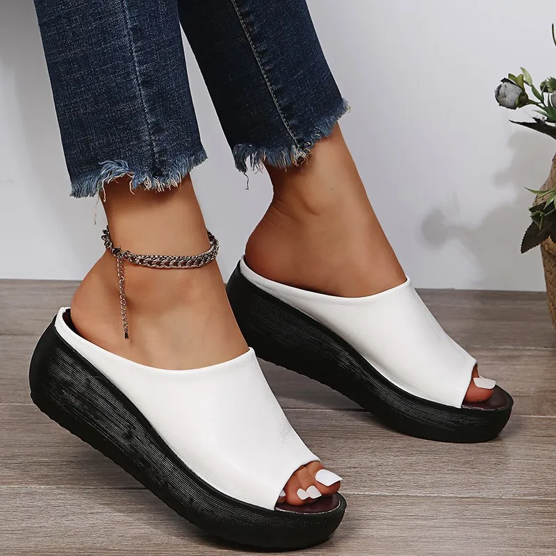 Women Slippers Women Summer Ethnic Style Wedge Fish Mouth One Word Drag Thick Bottom Large Size