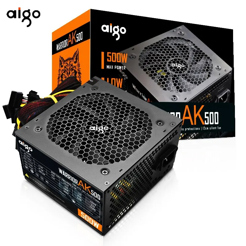 Aigo AK 500W PC PSU Power Supply Unit Black Gaming Quiet 120mm RGB Fan 24pin 12V ATX Desktop Computer Power Supply for BTC