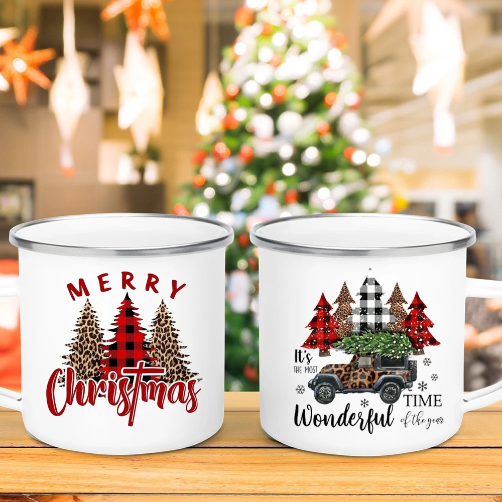 

Christmas Tree Truck Print Mugs White Handle Juice Mug Beer Water Mug Enamel Hot Cocoa Coffee Cups Kitchen Party Decoration Gift