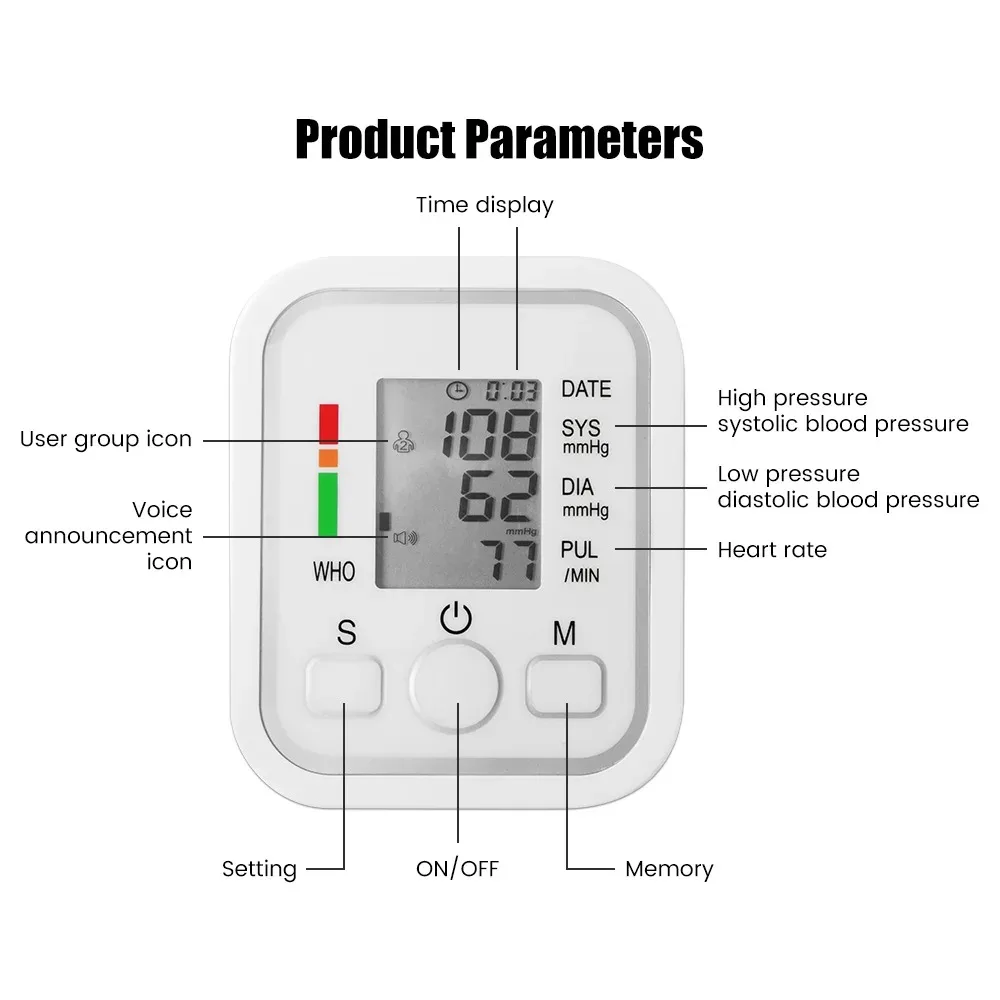 Blood Pressure Monitor Blood Pressure Meter Medical Automatic Sphygmomanometer Digital Arm Wrist BP Blood Pressure Monitor Tensiometer Tonometer Heart Rate Pulse Meter