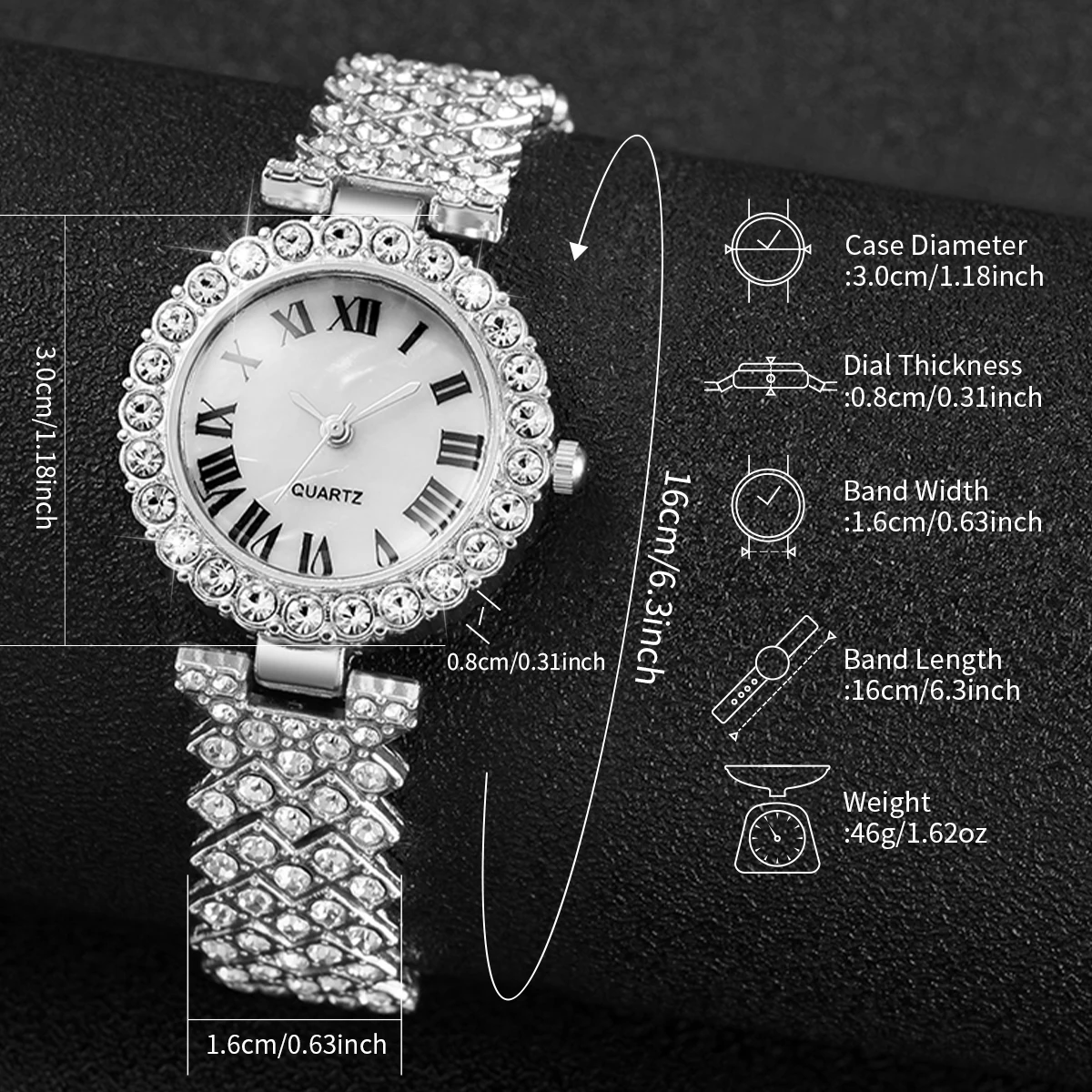 6PCS/Set Women's Watch Fashion Rhinestone Roma Dial Steel