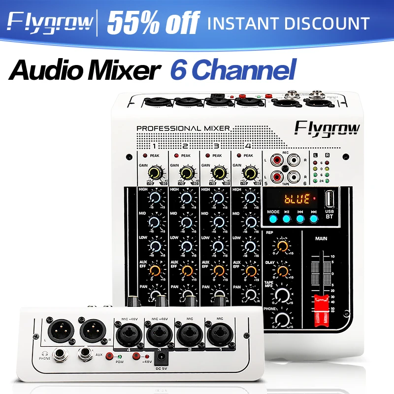 Flygrow MX400 4 채널 전문 미니 오디오 믹서, MP3 블루투스 재생, 팬텀 파워 DSP, 반향 믹서 콘솔, 48V