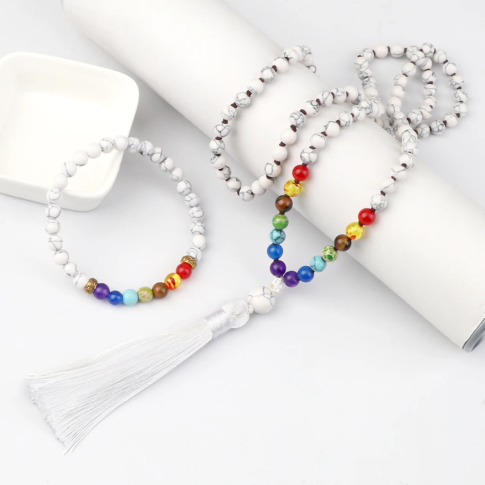 Handmade Knotted Colares Set, 7 Chakra Beads, Moda Howlite Pulseiras de Pedra, Yoga Jóias Meditação, 108 Japamala, 6mm