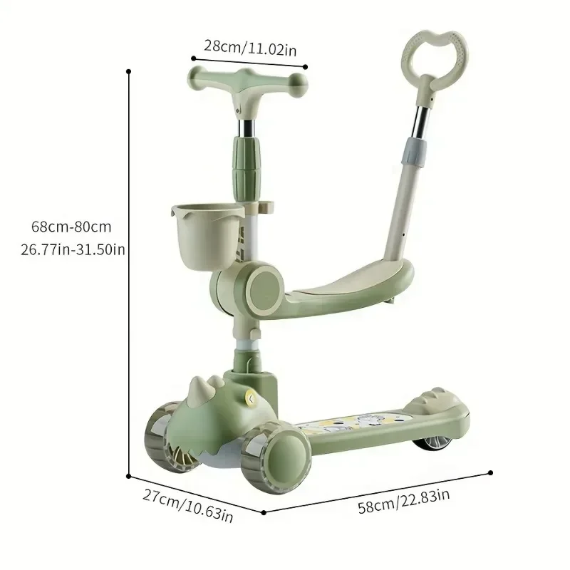 3 in 1 Foldable Kids Scooter with Music & Light Adjustable Lean-to-Steer Handlebar Removable Seat Safety Brake for Boys & Girls kick scooter