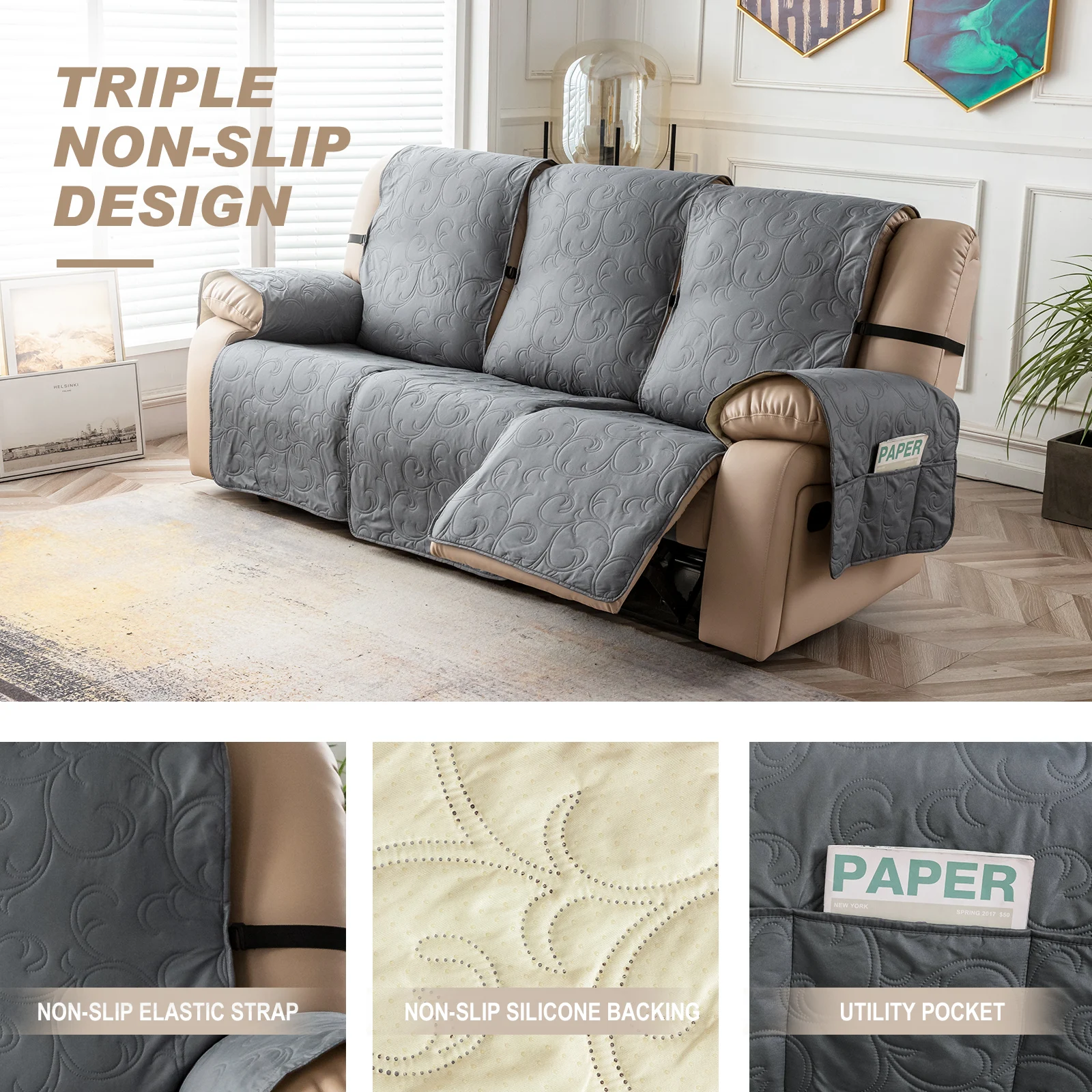 Non-Slip Recliner Sofa Covers 3 Seaters Elastic Band Sofa Covers Washable Furniture Protector for Bedroom, Office, Living Room 6