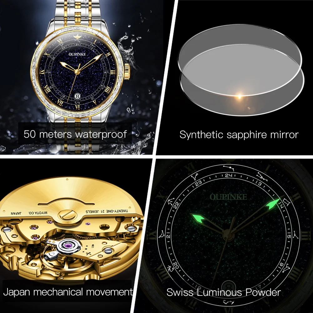 OUPINKE 3203 Automatic Watch For Men Starry Sky Roman Scale Original Men's Mechanical Wristwatch Waterproof Calendar Man Watches