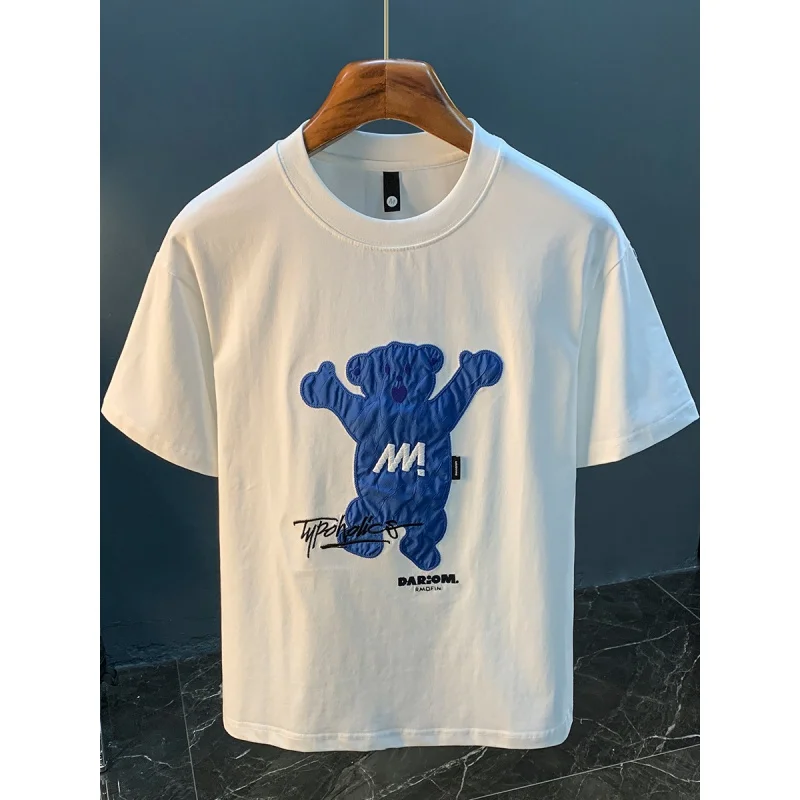 

High-End Men's T-shirt 2024 New Summer Fashion Embroidery round Neck Short Sleeve Loose Combed Cotton Drape Top