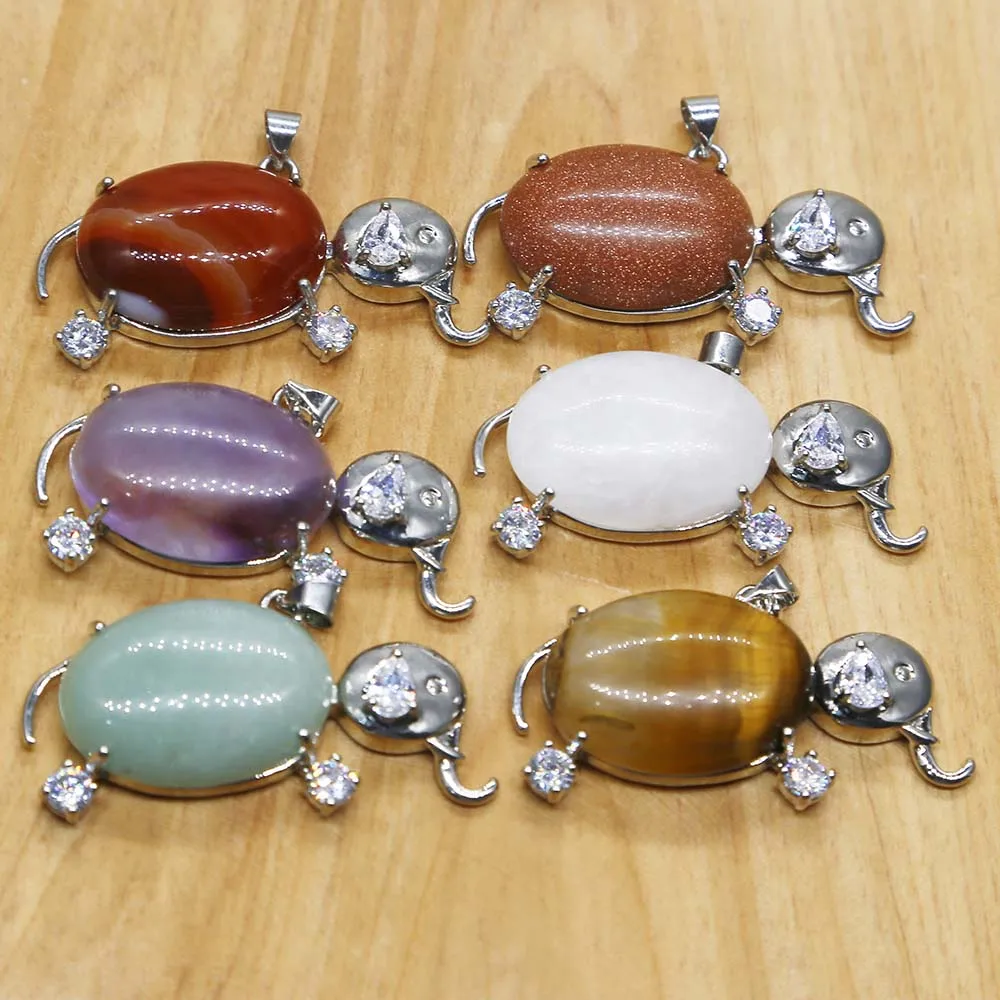 Natural Stone Crystal Agate Inset Stainless Steel Elephant Necklace Pendant DIY Jewelry Accessories Wholesale 6Pcs Free Shipping