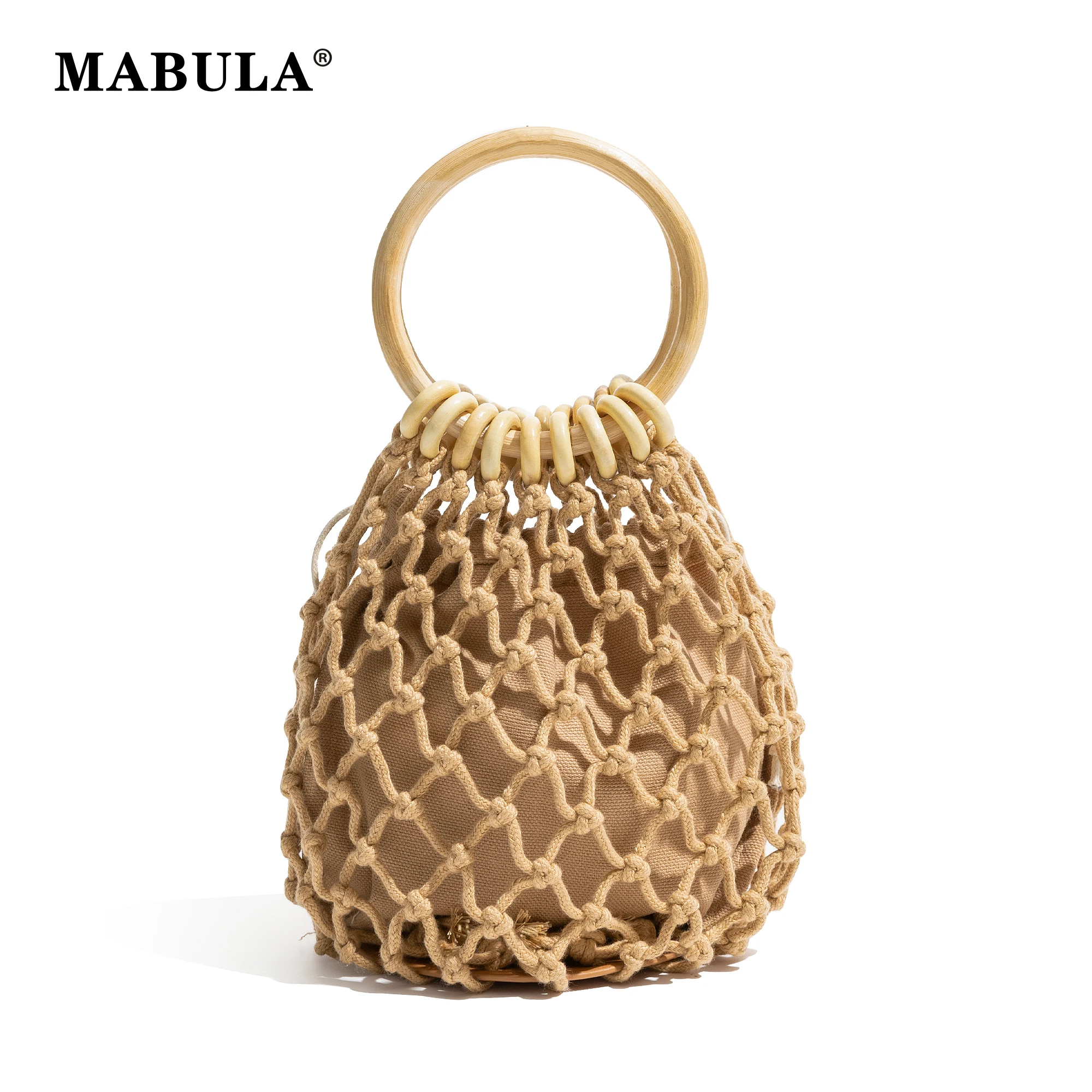 

MABULA 2pcs Set Canvas Knitted Woman Tote Bag Summer Beach Vacation Small Handbag Drawstring Lightweight Female Bag